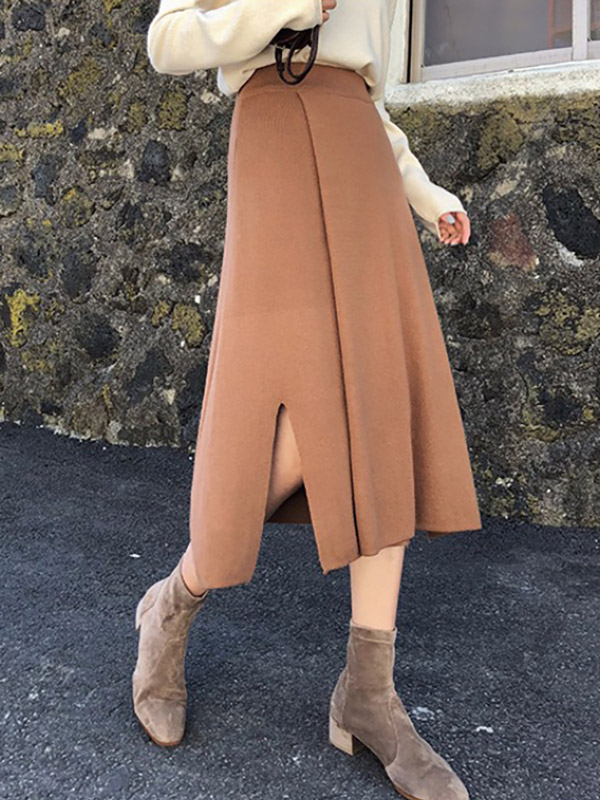 Khaki Cutout Edge A-line Knitted Skirts