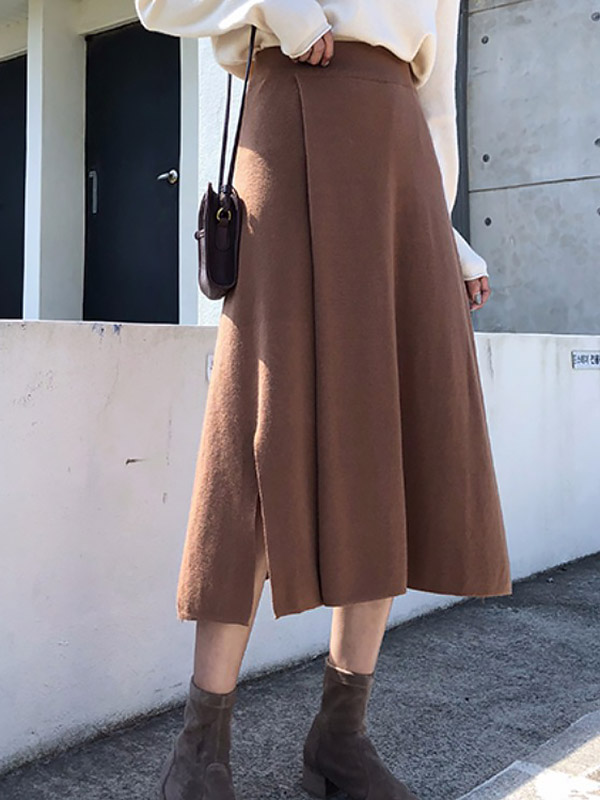 Khaki Cutout Edge A-line Knitted Skirts