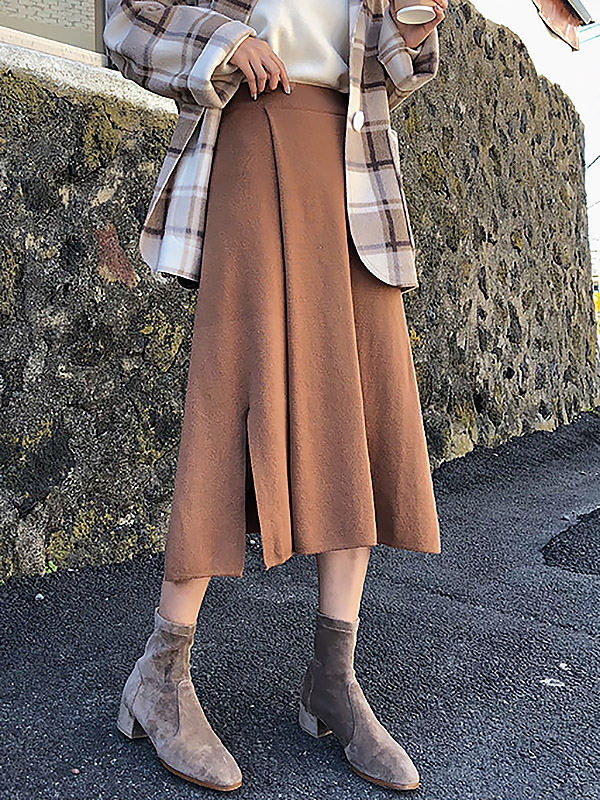 Khaki Cutout Edge A-line Knitted Skirts