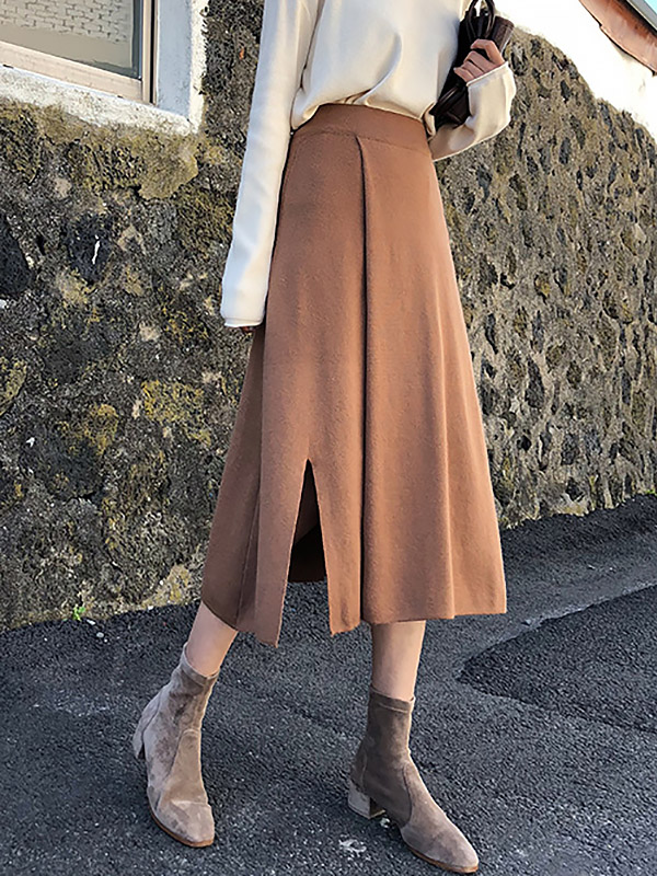 Khaki Cutout Edge A-line Knitted Skirts