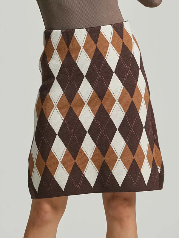 Brown Retro A-line Knit Skirts With Geometry Patterns