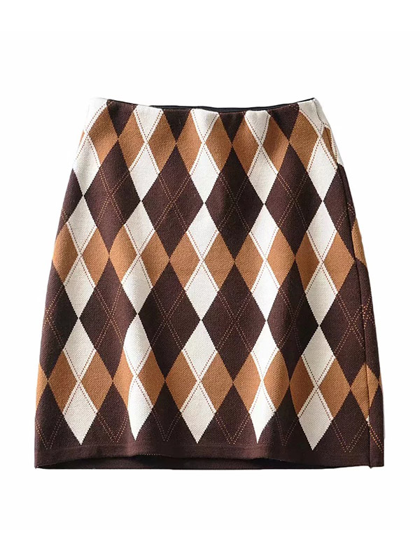 Brown Retro A-line Knit Skirts With Geometry Patterns