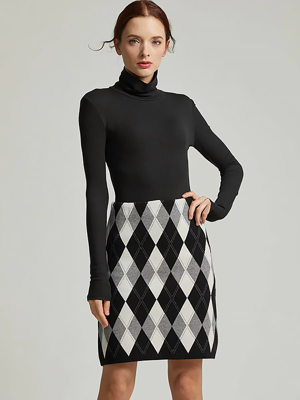 Black Retro A-line Knit Skirts With Geometry Patterns