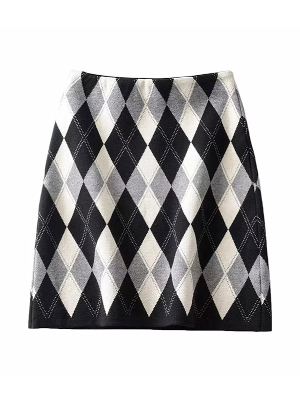 Black Retro A-line Knit Skirts With Geometry Patterns