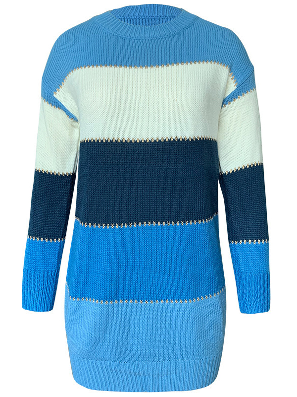 Blue Stripe Round Neck Sweater Dress in Color Block