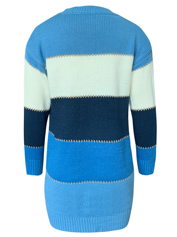 Blue Stripe Round Neck Sweater Dress in Color Block