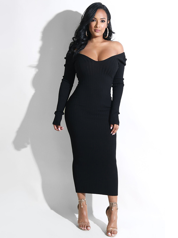 Black Deep V-Neck Knitted Maxi Dress