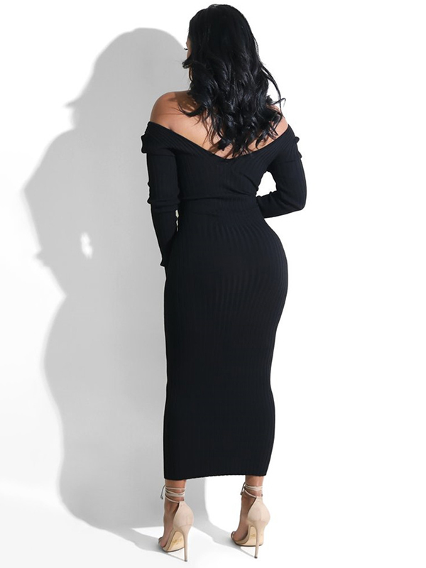 Black Deep V-Neck Knitted Maxi Dress