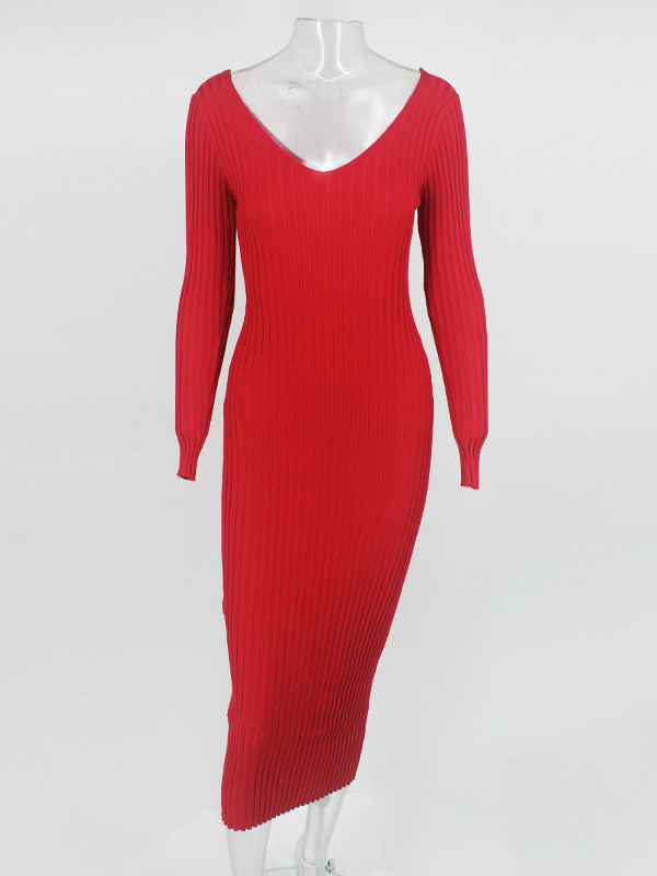 Red Deep V-Neck Knitted Maxi Dress