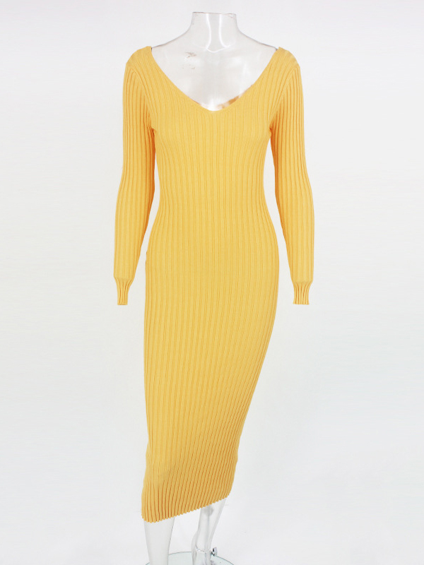 Yellow Deep V-Neck Knitted Maxi Dress