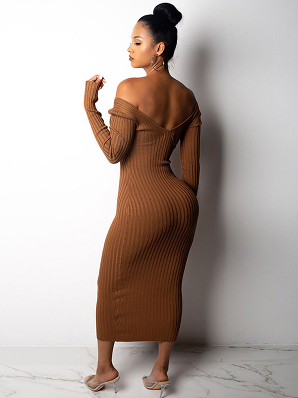 Brown Deep V-Neck Knitted Maxi Dress