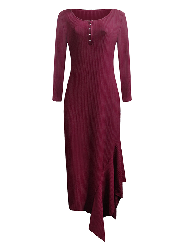 Burgundy Round Neck Asymmetrical Maxi Dress 