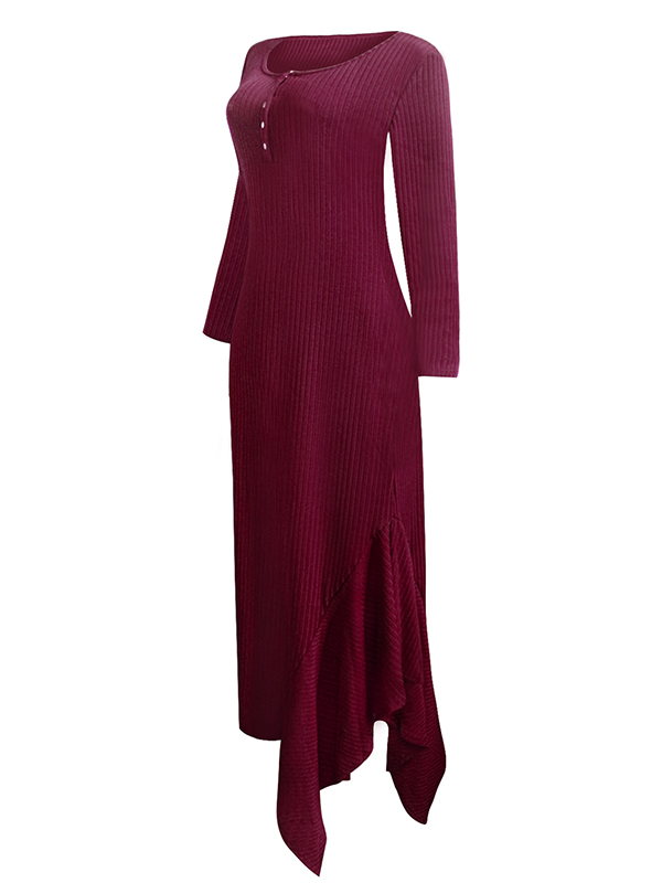 Burgundy Round Neck Asymmetrical Maxi Dress 