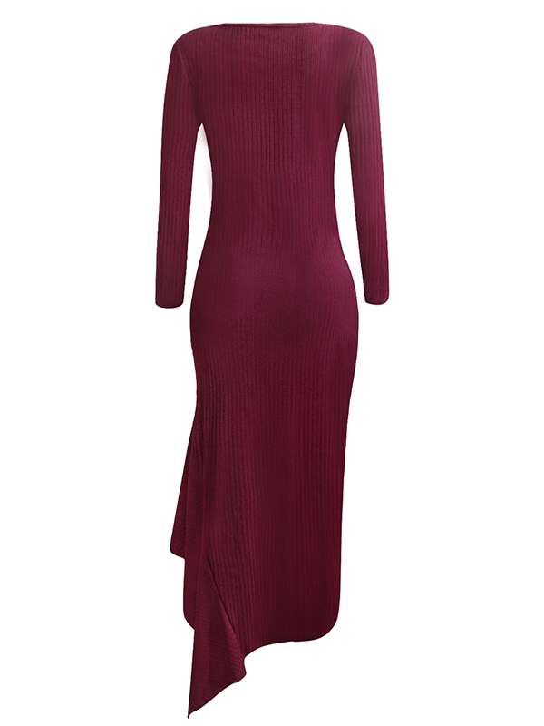 Burgundy Round Neck Asymmetrical Maxi Dress 