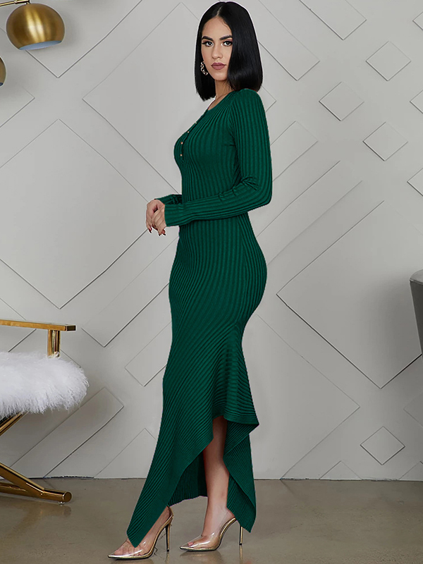 Green Round Neck Asymmetrical Maxi Dress 