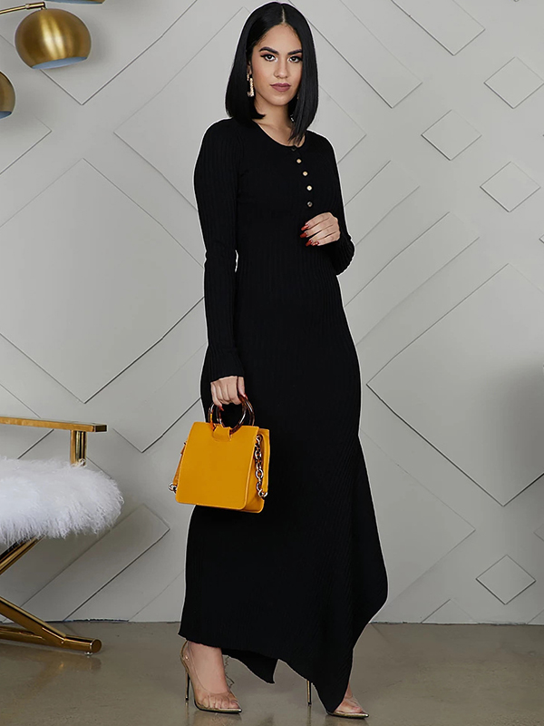 Black Round Neck Asymmetrical Maxi Dress 