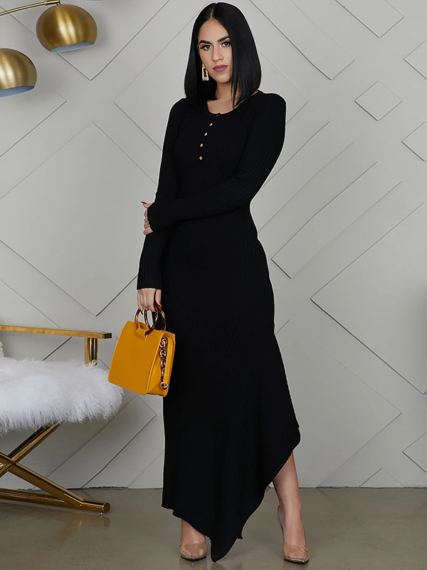 Black Round Neck Asymmetrical Maxi Dress 