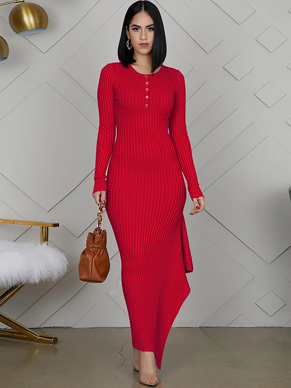 Red Round Neck Asymmetrical Maxi Dress 