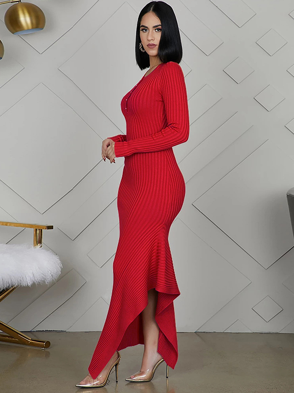 Red Round Neck Asymmetrical Maxi Dress 