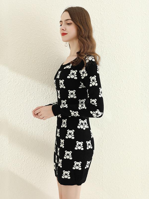 Black Bear Print Sweater Dress