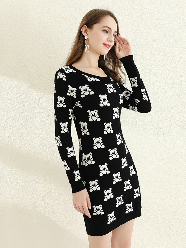 Black Bear Print Sweater Dress