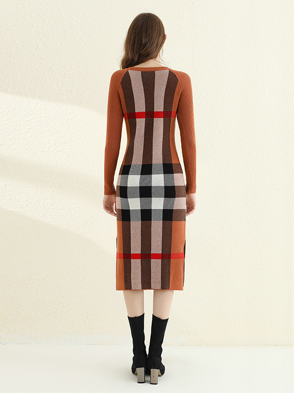 Brown Check Side Split Sweater Dress