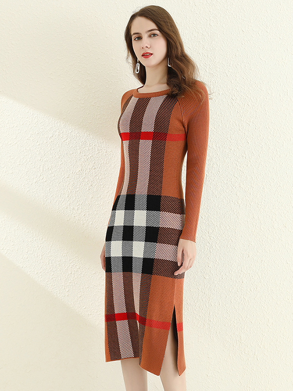 Brown Check Side Split Sweater Dress