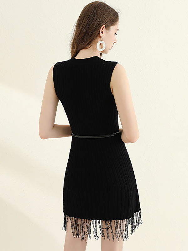 Black Sleeveless Knitted Mini Dress with Tassel