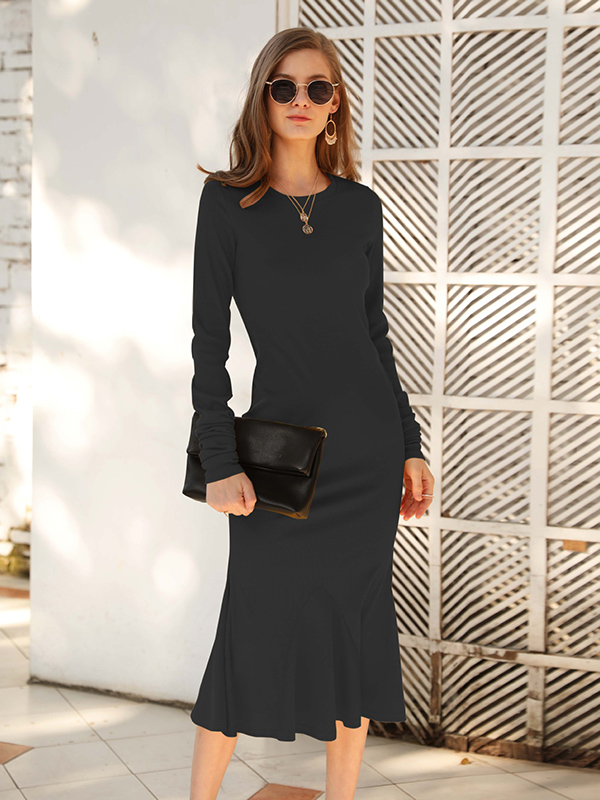 Black Round Neck Knitted Mermaid Midi Dress