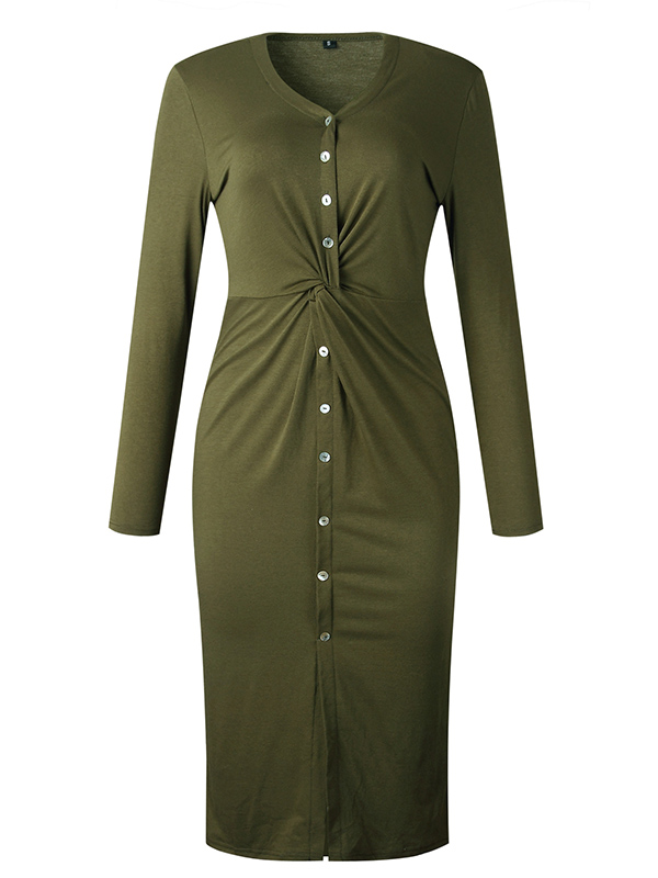 Army Green Waist Knot Midi Knitted Dress