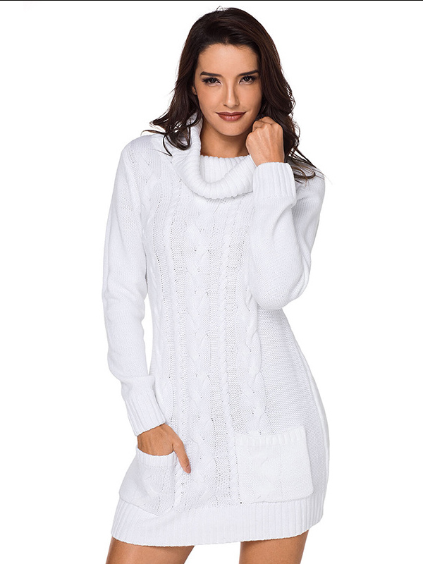 White Roll Neck Chunky Knitted Dress