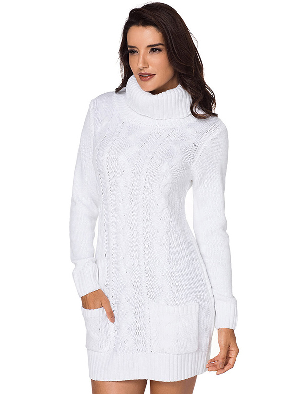 White Roll Neck Chunky Knitted Dress