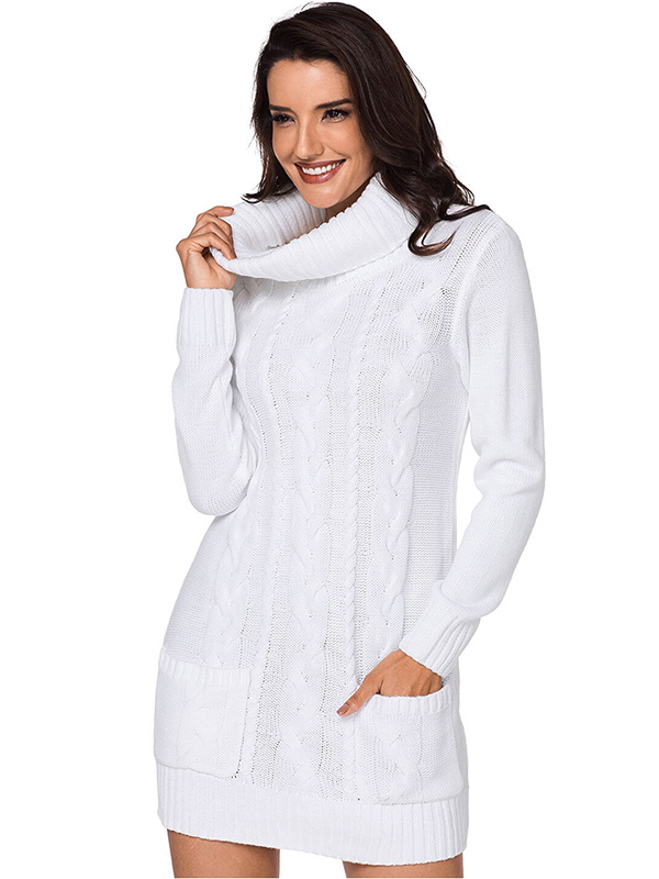 White Roll Neck Chunky Knitted Dress