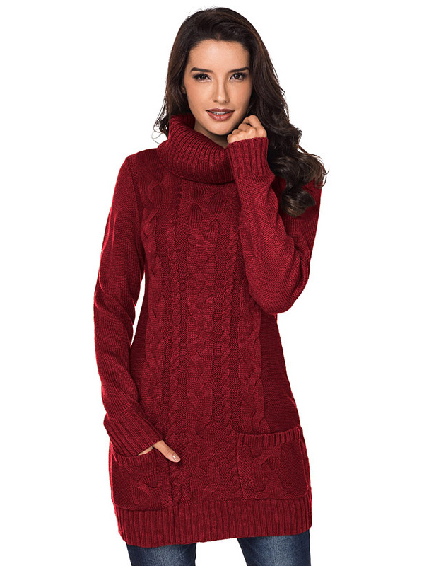 Burgundy Roll Neck Chunky Knitted Dress