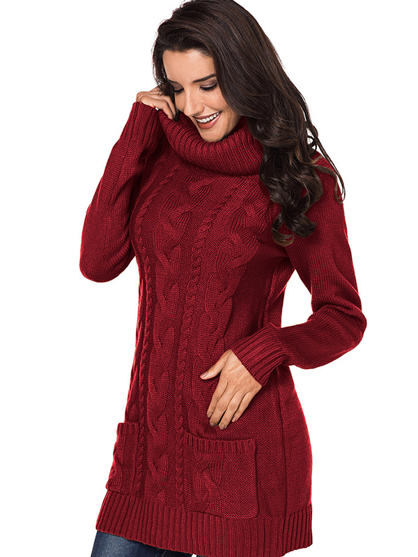 Burgundy Roll Neck Chunky Knitted Dress