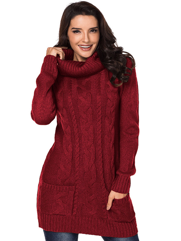 Burgundy Roll Neck Chunky Knitted Dress