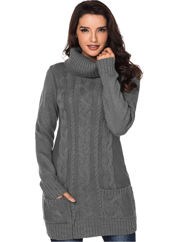 Grey Roll Neck Chunky Knitted Dress