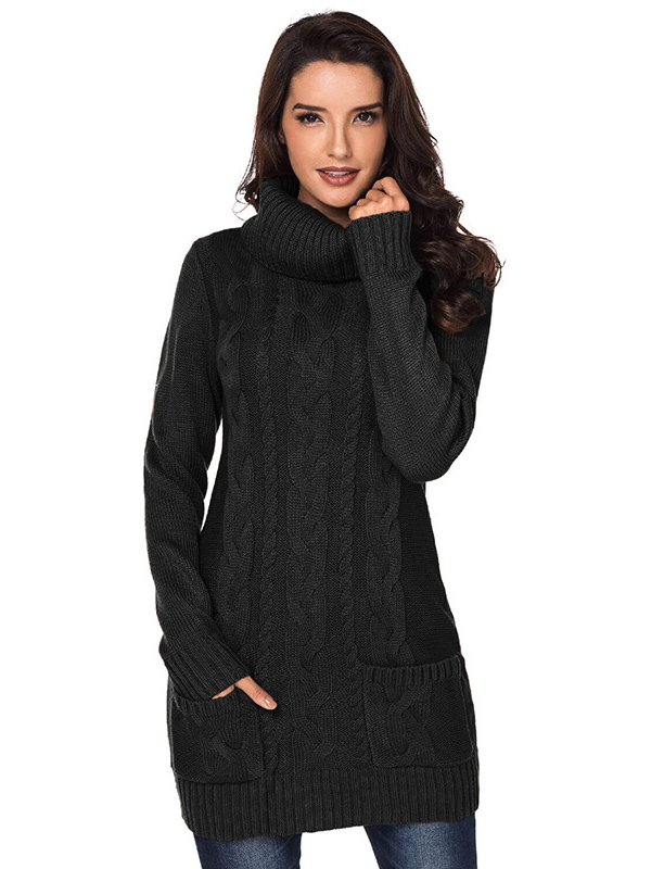 Black Roll Neck Chunky Knitted Dress