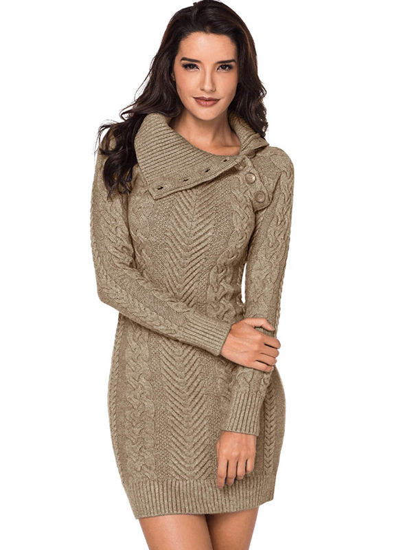 Khaki Cable Sweater Dress with Asymmetric Collar