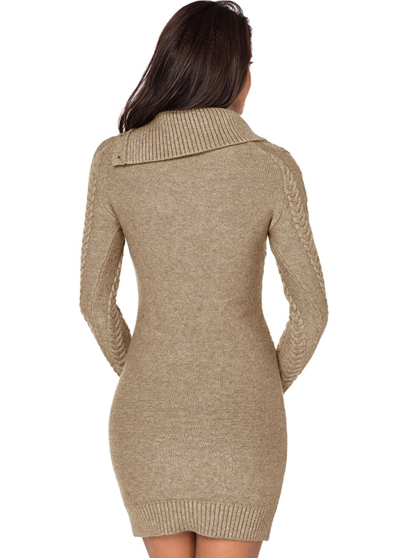 Khaki Cable Sweater Dress with Asymmetric Collar