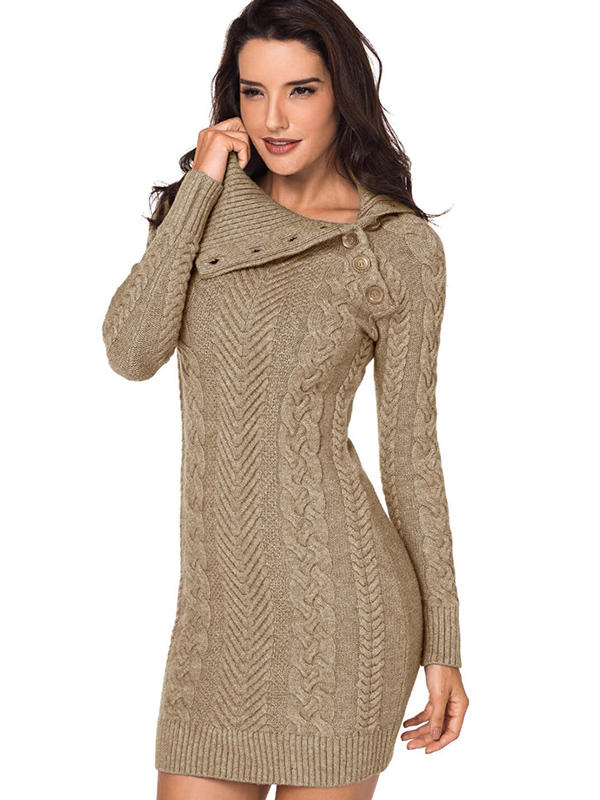 Khaki Cable Sweater Dress with Asymmetric Collar