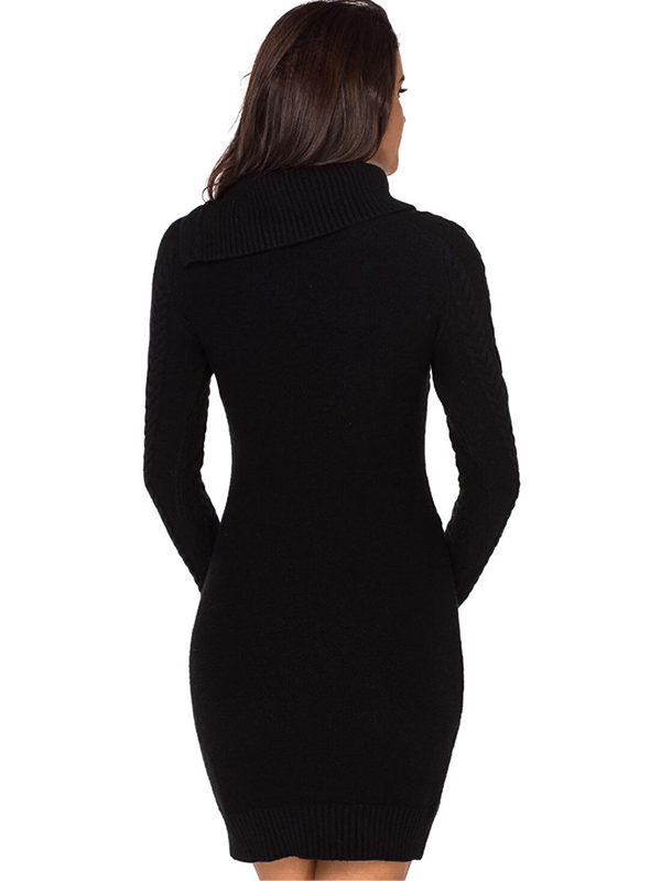 Black Cable Sweater Dress with Asymmetric Collar