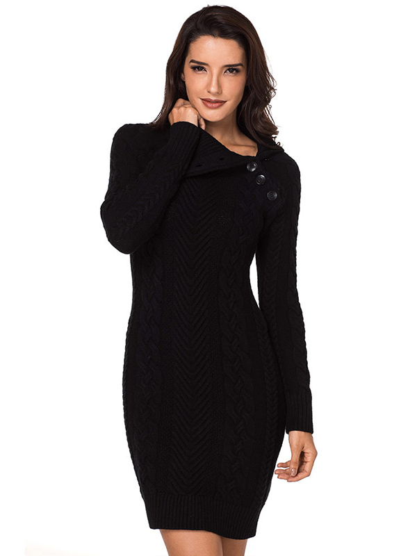 Black Cable Sweater Dress with Asymmetric Collar