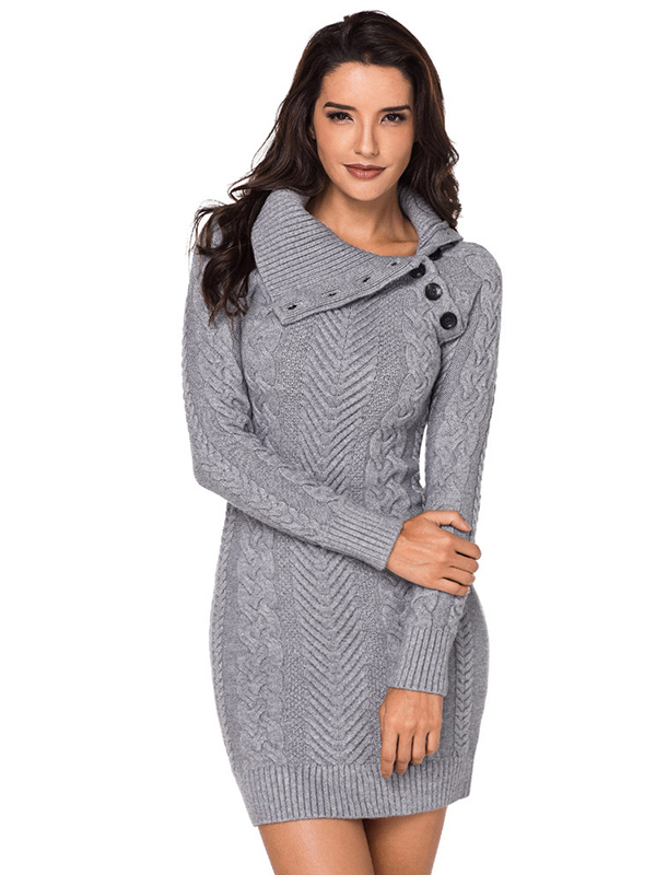 Grey Cable Sweater Dress with Asymmetric Collar