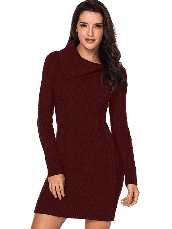 Burgundy Cable Sweater Dress with Asymmetric Collar