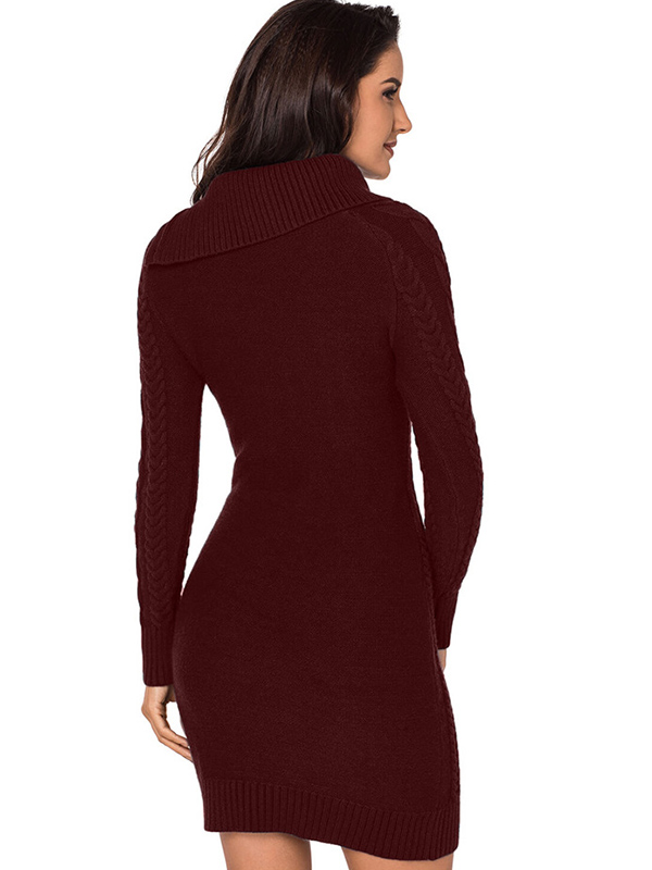 Burgundy Cable Sweater Dress with Asymmetric Collar