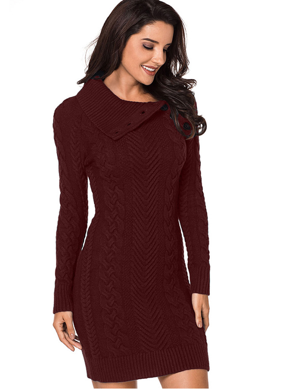 Burgundy Cable Sweater Dress with Asymmetric Collar