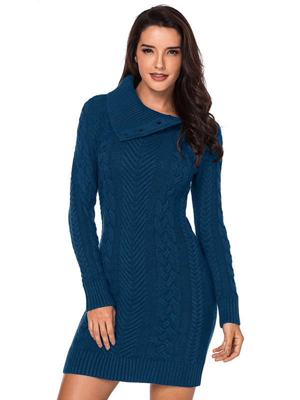 Dark Blue Cable Sweater Dress with Asymmetric Collar