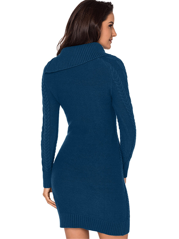 Dark Blue Cable Sweater Dress with Asymmetric Collar