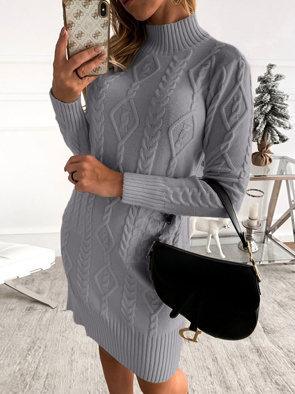 Grey High Neck Cable Sweater Dress